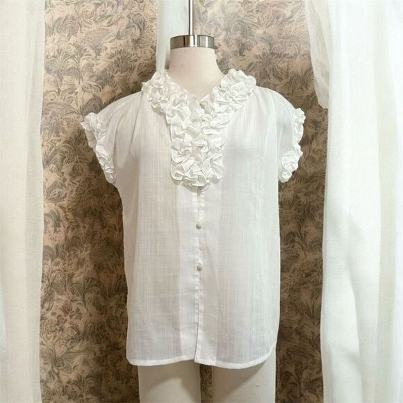 Vintage 70s Prairie Victorian Blouse Ruffle Ivory Collar Mock Medium M - Picture 1 of 7